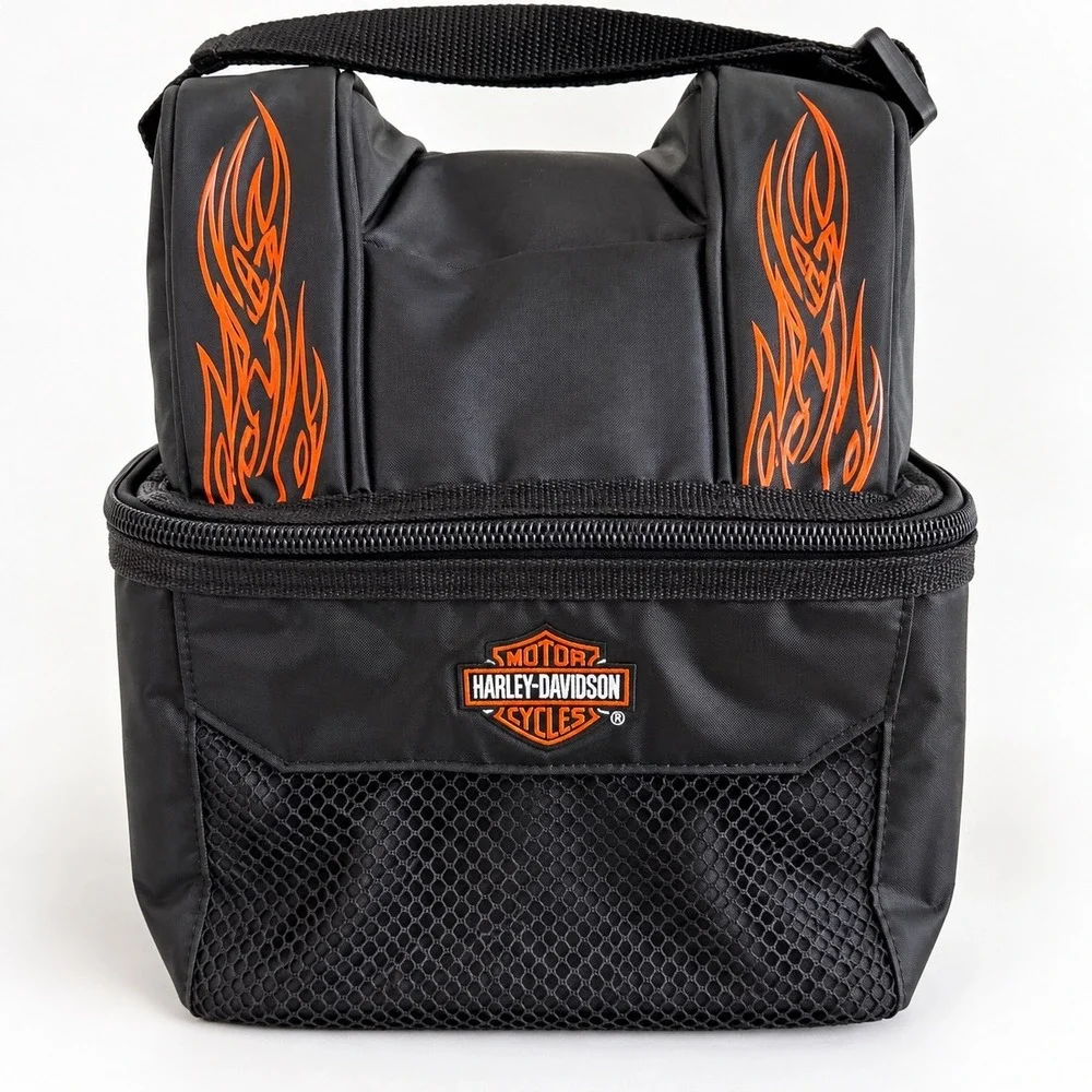 Harley Davidson Insulated Lunch Bag Cooler Black Orange Flames Dual Compartment